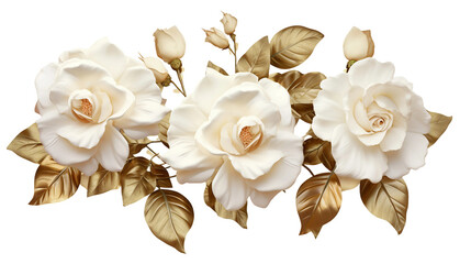 Exquisite Collection of Beautiful Gold Roses and Flowers – Isolated, Transparent Background, Perfect for Perfume and Garden Designs in Digital Art 3D