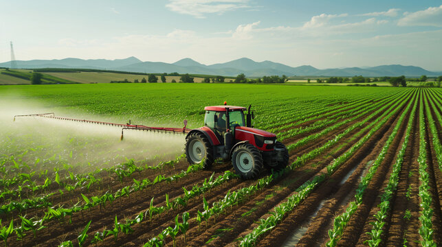 Farmer in tractor spraying fertilizer on corn