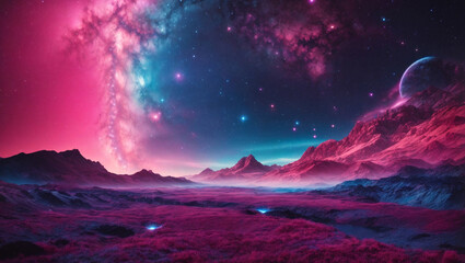 Abstract cosmic landscape with neon pink and electric blue, stars and galaxies, 4K space