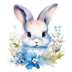 white rabbit with blue flowers