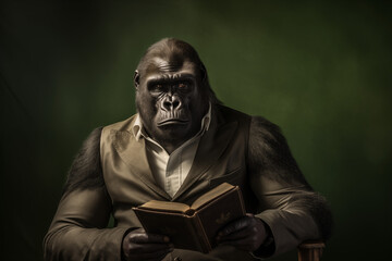 Contemplative Gorilla in Suit Reading a Book