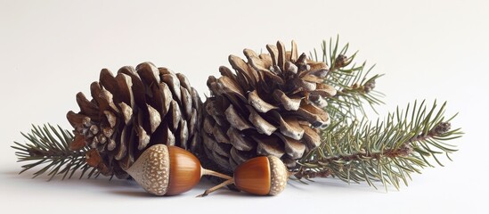 Isolated Tow of Pine Cones and Two Acorns