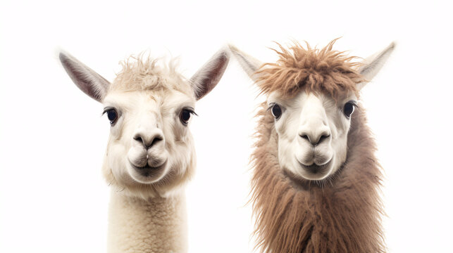 Two alpaca heads isolated on white background. Close up.