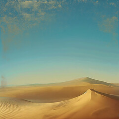 Fototapeta na wymiar Surreal desert landscape with gradients of warm sand, deep ochre, and azure sky, enhanced by a grainy texture for a mystical touch
