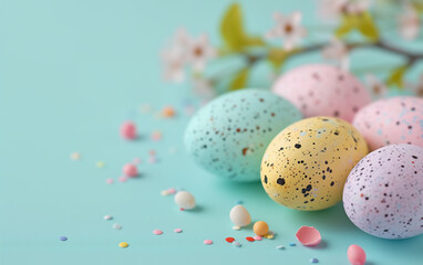Obraz na płótnie Canvas Colorful Easter eggs on pastel green background