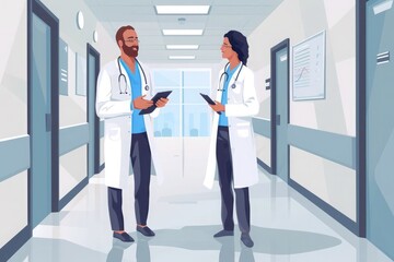 Two doctors discussing work in hospital corridor