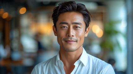 Confident handsome asian male professional in office environment smiling at camera - obrazy, fototapety, plakaty