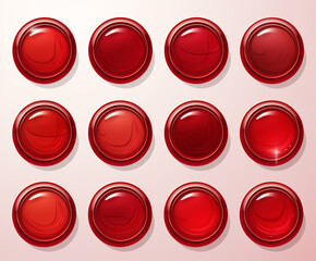 close-up of lollipops, red translucent round shaped tablets laid out in a row on a white background