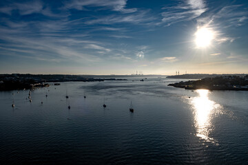 View From Cleddau Bridge To River Estuary With Pembrokshire Docks, Wind Turbines And Factories In Wales, United Kingdom © grafxart