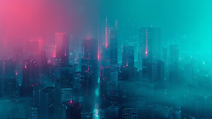 Retro-futuristic cyberpunk cityscape in gradients of neon pink, teal, and deep blue, with a grainy texture for a dystopian feel.