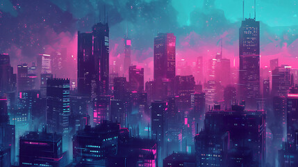 Retro-futuristic cyberpunk cityscape in gradients of neon pink, teal, and deep blue, with a grainy texture for a dystopian feel.