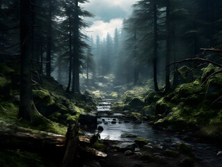 Obraz premium Serene River Flowing Through Pine Forest