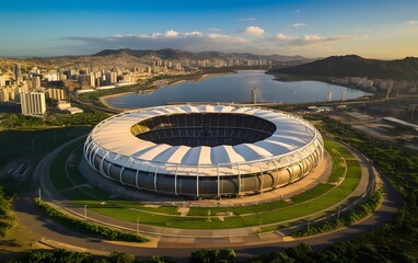 Aerial View of Stadium Surrounded by Cityscape
Aerial view showcasing a large, modern stadium, strategically positioned within a vibrant cityscape.
