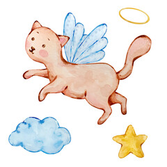 Watercolor cute baby angel cat