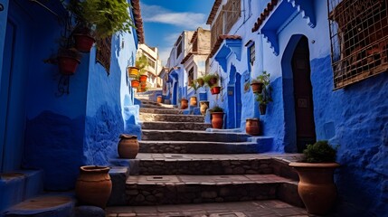 Vibrant Blue Alley in Chefchaouen, Morocco
A picturesque alley in Chefchaouen, Morocco, painted in vibrant shades of blue, adorned with colorful flower pots.
