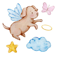 Watercolor cute baby angel dog, nursery
