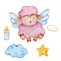 Watercolor cute baby angel lamb