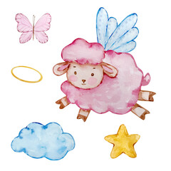 Watercolor cute baby angel lamb