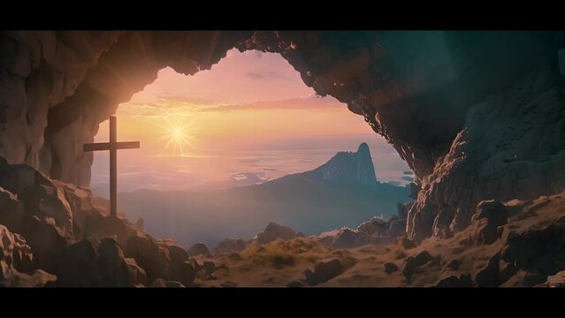 bello fondo artistico con movimiento en zoom de una cueva con una cruz catolica sobre fondo de atardecer espectacular. Concepto celebracion de pascua y Semana Santa