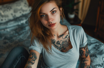 woman with a tattoo on her chest sitting on a bed