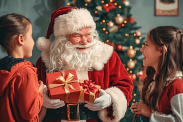 Fototapeta na wymiar Santa Claus giving presents to children in kindergarten or primary school, Generative AI