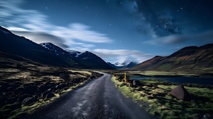 Nighttime landscape photo of a remote road leading through a mountain valley under a starry sky.
