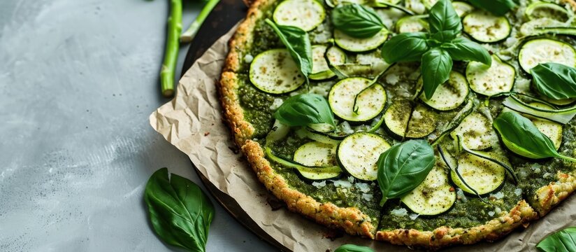 Green pizza with cauliflower, spinach, zucchini, and asparagus.