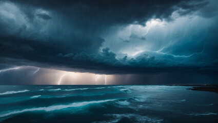 Epic stormy sky with shades of gray and electric blue, lightning over the ocean, 4K thunderstorm