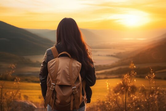 Asian girl backpacking in nature during sunset, relaxing on holiday