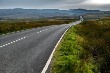 Abandoned Road Through Spectacular Rural Landscape Of Snowdonia National Park In North Wales, United Kingdon