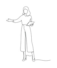 One single line drawing of young happy female business manager holding book and open hand. Job desk checklist concept. Modern continuous line draw graphic design vector illustration