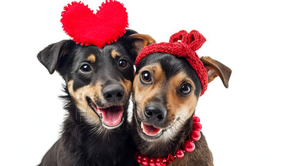 two happy dog present for valentine's day with a red ribbon on head and a heart shape diadem. isolated against white background. generative ai