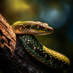 Fototapeta premium A detailed image of a snake coiled around a branch, The texture and detail of the snake's skin are highlighted, basking in the warm sunlight during midday.