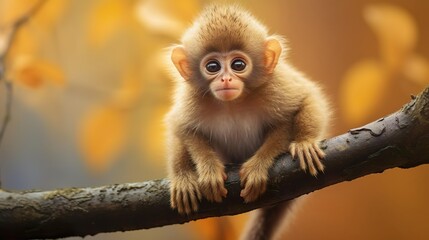 Cute small monkey sitting on branch looking at camera