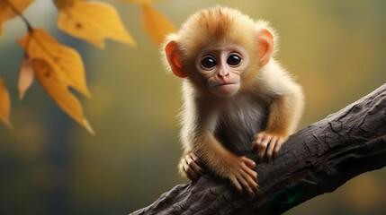 Fototapeta premium Cute small monkey sitting on branch looking at camera