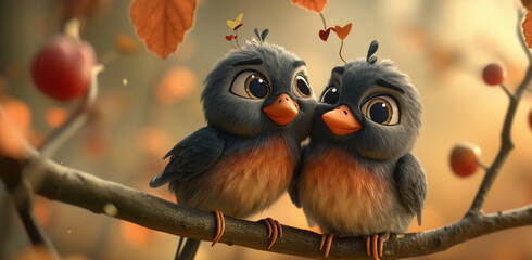 two cute cartoon birds in love,ai - obrazy, fototapety, plakaty