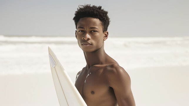 Portrait of a handsome young american african surfer with surfboard, blue ocean backdrop. Beach concept. Generative AI