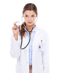 Check, stethoscope or portrait of doctor in studio for healthcare examination on white background. Woman, cardiovascular or serious nurse ready to start consultation, exam or help for wellness