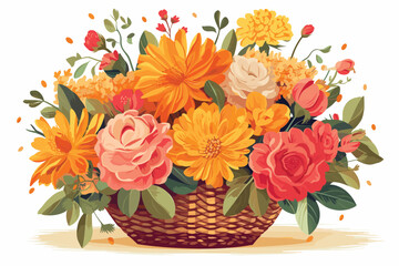 Obraz premium Bright flower bouquet in basket isolated owner white background.