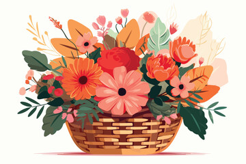 Bright flower bouquet in basket isolated owner white background. - obrazy, fototapety, plakaty