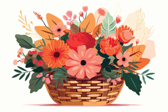 Bright flower bouquet in basket isolated owner white background.