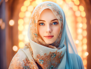 Smiling beautiful Muslim woman in hijab with lights bokeh at mosque. eid mubarak Ramadan concept