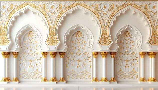 3d render of white marble mosque wall with gold Arabic ornament