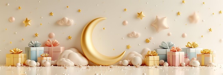 Arabic gold moon with gifts and balloons, full decoration, Eid Mubarak Islamic background. 3d rendering - obrazy, fototapety, plakaty