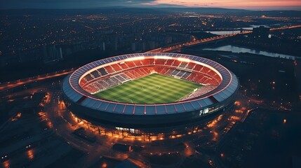 Aerial view on soccer stadium in evening time Foot