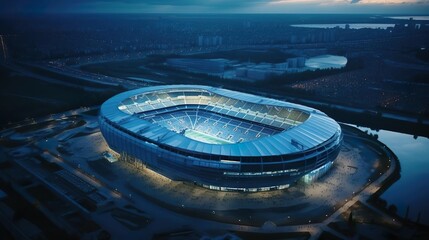 Aerial view on soccer stadium in evening time Foot - obrazy, fototapety, plakaty