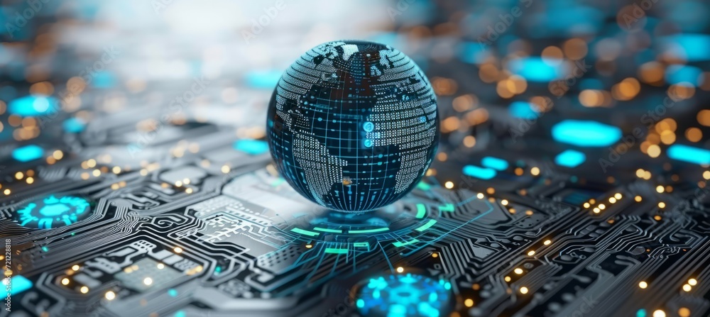 Poster Globe world over the microchip hardware. Modern network technology. Generative AI technology.