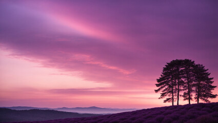 Soothing lavender and pink twilight sky, silhouetted forest landscape, 4K nature scene