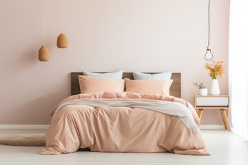 Fototapeta na wymiar A photo of a bedroom in warm peach tones showcases a combination of earthy colors and natural textures, creating a cozy Mediterranean-style space decorated with warm fall hues.