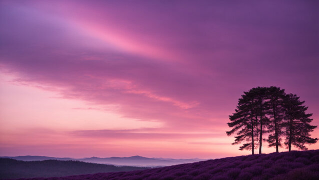 Soothing lavender and pink twilight sky, silhouetted forest landscape, 4K nature scene